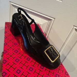 Tory Burch Black Patent Leather Heels with Gold Buckle